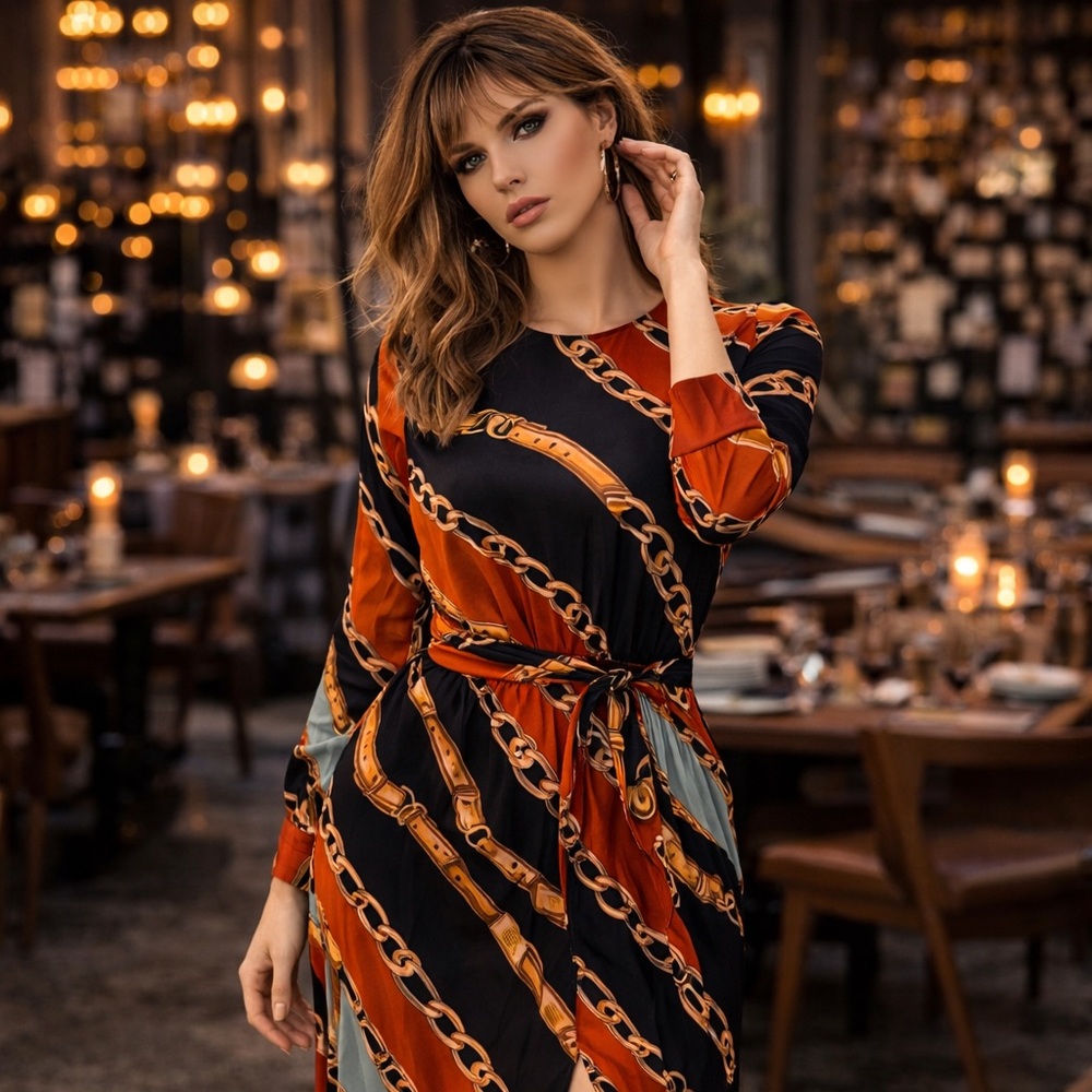 ZARA Belted Chain Scarf Print Midi Dress NWT Black Orange Equestrian Luxe Small